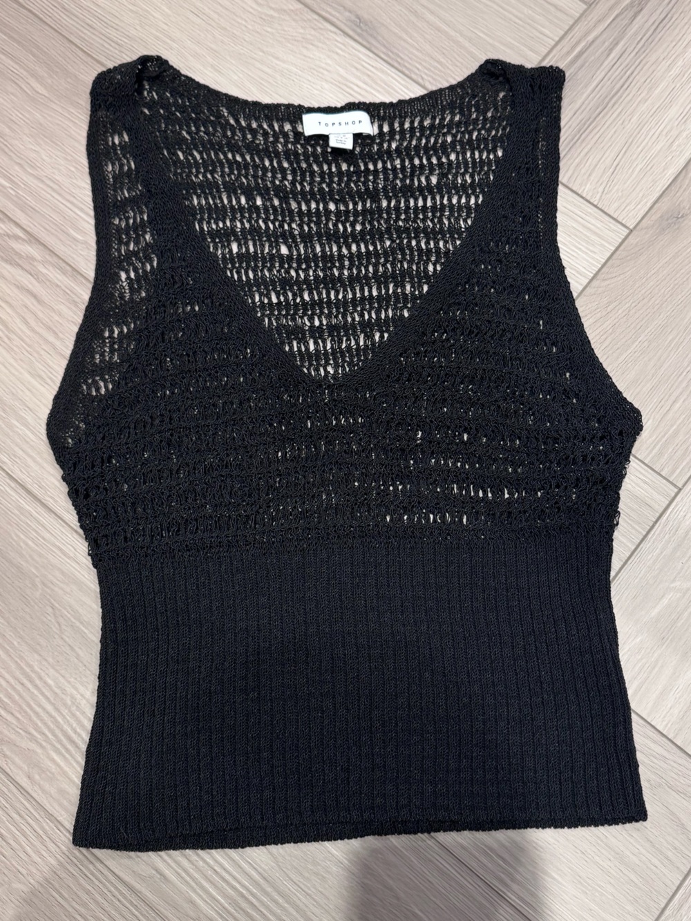 Topshop Black Open-Knit V-Neck Crop Tank